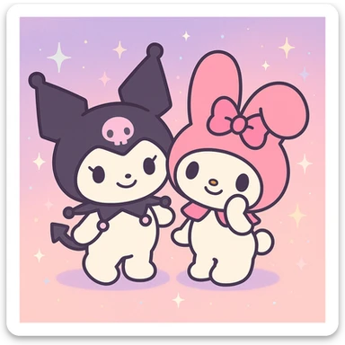 Kuromi and My Melody together, anime style, soft pastel palette, gentle smiles, magical background sticker