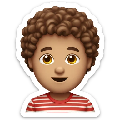 A big fat boy with chocolate all around his face with big blue eyes and brown curly hair with a red and white stripy shirt sticker
