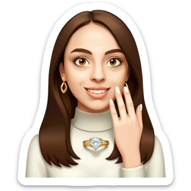 Woman with long brown hair and gold engagement ring sticker