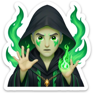 A dark sorcerer in flowing black robes, conjuring eerie green flames sticker