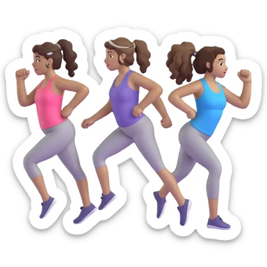 three women friends exercising together, one black woman with curly brown hair, one pale white woman with curly brown hair, and one white woman with straight brown hair in a ponytail sticker