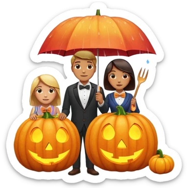 Make a guy hugging a giant pumpkin with a fork in his right hand while there's fire while there's a lady watching while it's raining while there's an umbrella on the ground that's alive and the sun has a bow tie on his neck sticker