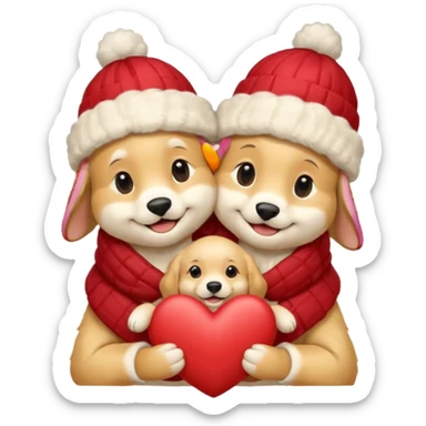 English cream golden retriever cartoon cuddling with winter hats and heart in between them sticker