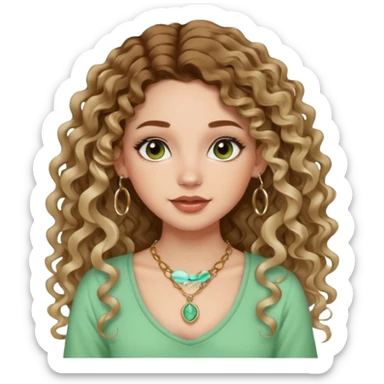 cute girl with not volominous VERY LONG curly/wavy balayage hair brown eyes full lips cute makeup cute necklace and hoop earrings white girl with light green top sticker