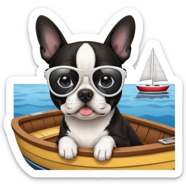 Black and white Boston terrier on a boat with sunglasses  sticker