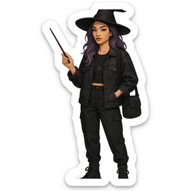 modern interpretation of a witch, youthful, purple hair, trendy clothing, urban style sticker