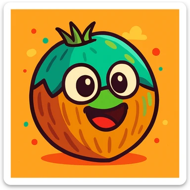 a cartoon style coconut, colorful and playful sticker
