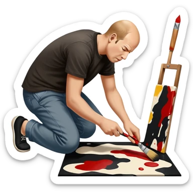 Jackson pollock the abstract artist leaning over to flick black white and red paint from a brush onto a canvas at his feet sticker
