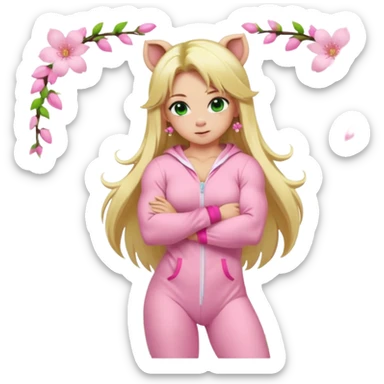 sexy and muscled, full body, in pink kegurumi pig pijamas, sexy girl, long blond hair, beautiful green eyes, makeup, earrings, muscled, surrounded by pink flowers and sakura petals sticker
