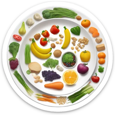 a large white round plate of realistic healthy food sticker