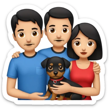 Pareja hombre y mujer, pelo negro ambos, y con dos perritos pincher en sus brazos sticker