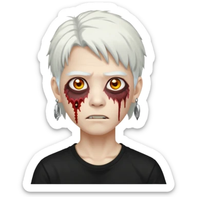 ok make a zombie avatar that has pale skin, young, asian, mullet hair, white hair with earrings wearing just a black T shirt white blood from the eyes sticker