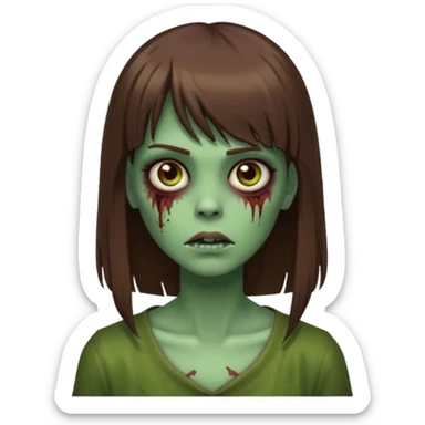 Zumbi feminino, de pele verde, cabelo marrom, longo, liso e castanho com franja reta sticker