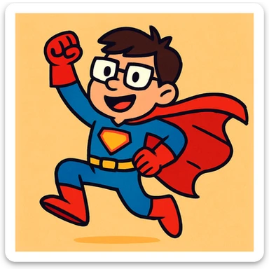 playful cartoon-style illustration of a user as a superhero, bright colors, bold outlines sticker