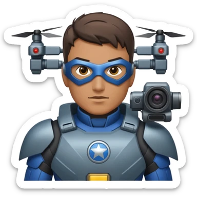 Un photographe homme high tech, une armure de terrain à la super héro. Il a des appareils photos, des caméras embarquées et un drone  sticker