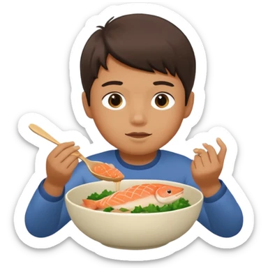 A boy eating miso salmon out of a bowl  sticker