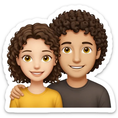 Sarı ve dağınık saçlı ela gözlü beyaz tenli erkek ve saçları koyu kahverengi kıvırcık  saçlı kız yan yana gülümsüyor sticker