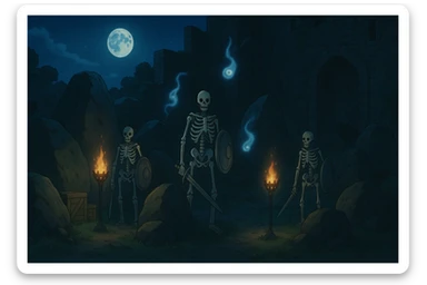 midnight within the ruins of abandoned castle yard, protrude boulders, amid iron torches and crates tucked behind, skeleton warriors, wisps, and wolves linger just in the edge of view behind scenery sticker