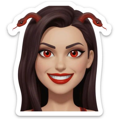Prostitue with red snake eyes wearing red lipstick and has an evil smile sticker