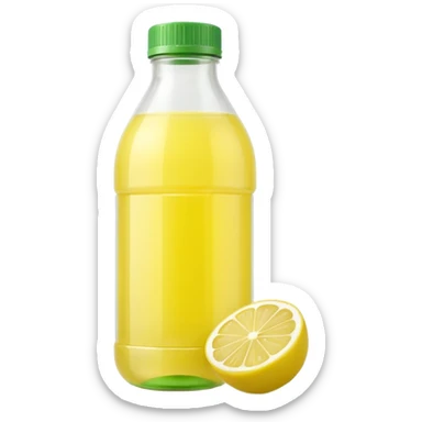 lemon juice bottle, small, transparent, pale yellow liquid, lemon-shaped or curved plastic, light translucent juice, green or yellow cap, clean minimal, no branding, no glass, no lemon slices, no background, no faces, clean 3D, soft shadows, transparent background, emoji scale sticker
