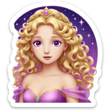 Cinematic Stunning Aurora Portrait Emoji, Ethereal in her flowing pink gown, golden curls shimmering, soft violet eyes filled with serenity, an enchanting glow surrounding her, capturing the beauty of a princess lost in a dream! sticker