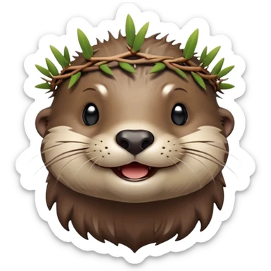 really cute smiling joyful otter face in three-quarter profile view with simple thorny stem wrapped horizontally around its forehead like Jesus Christ's Crown of thorns, no crown shape on top, just thin spiky branches circling the forehead, Apple emoji style, glossy finish, smooth gradients sticker