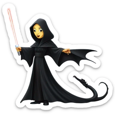  beautifully dressed teen Morticia Addams Jedi riding on the back of a very large black shiny evil-looking fire-spewing dragon. proper scale sticker