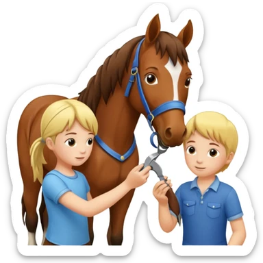 two children grooming a horse] sticker
