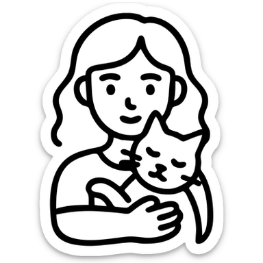 icon of a girl with medium black wavy hair, doe eyes, straight nose cuddling an orange and white cat sticker