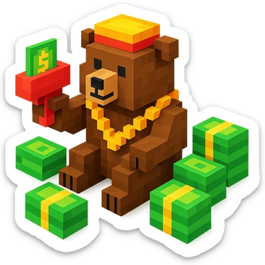 Russian grizzly bear with a rapper chain and a money gun, surrounded by stacks of money sticker