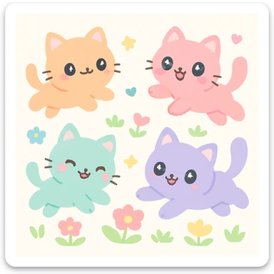 pretty little adorable kitties jumping around a garden, glowing, smiling, playful and cute sticker