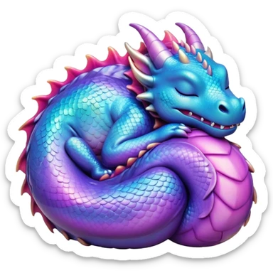 Meme-Worthy Cute Sleeping Dragon Portrait Emoji, Head resting peacefully with a contented smile, showcasing a sinuous, graceful build and a luxuriously soft, iridescent scaled body, eyes gently closed in serene, magical slumber, Simplified yet hilariously adorable features, highly detailed, glowing with a soft, drowsy mystical light, high shine, relaxed and utterly lovable, stylized with an air of playful fantasy, soft glowing outline, capturing the essence of a sleeping dragon that feels destined to become the next viral sensation of enchanted rest! sticker