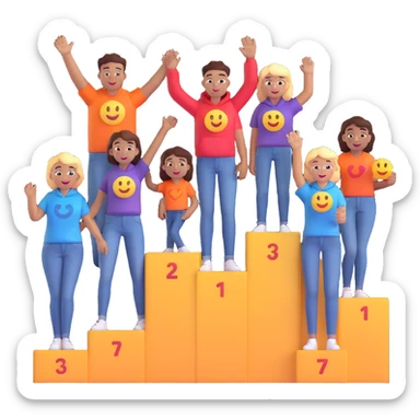 winners’ podium with multi-racial people, brown, middle step higher, no numbers, fun colorful clothes like jeans, t-shirts, and hoodies, excited fun expressive 3D emoji style sticker