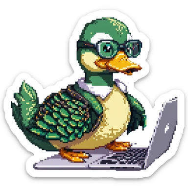 Animated duck wearing glasses, programming Python on a laptop sticker