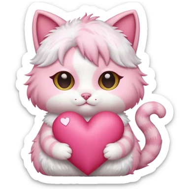 chibi anime pink cat holding a big heart sticker