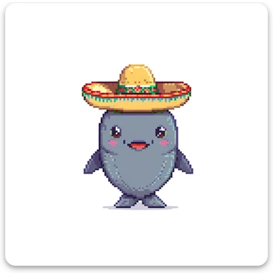 A happy whale wearing a large Mexican sombrero hat, playful character sticker