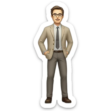 Full height Gesticulating Pale skinned fit man with dark brown hair in gray jacket, beige office shirt, brown tie, brown pants and vintage glasses. sticker
