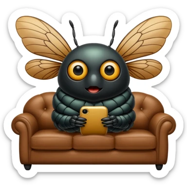 Black Cicada cartoon style with black shiny round eyes watching on a phone sit on a brown sofa  sticker