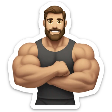 Muscled guy with brown hair and brown beard curling arms sticker