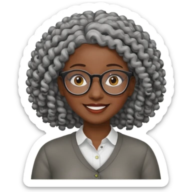 smiling dark black woman wearing glasses with lots of curly gray hair a sticker