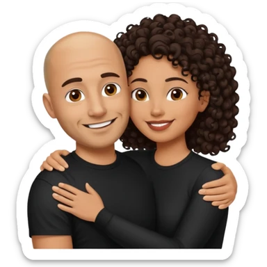 A picture of a tanned couple embracing. the man is a Mexican man with tanned skin, a bald hair cut, short beard and wearing a black shirt. the woman is mixed, with long curly dark brown hair and with big boobs  sticker