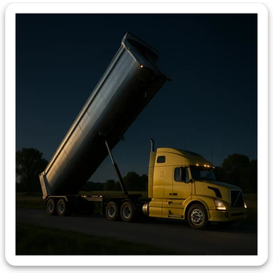 long silver end dump trailer hooked to a Volvo yellow semi sleeper truck, trailer in dump position, photorealistic night scene in a rural country environment with fields, trees, and a quiet road sticker