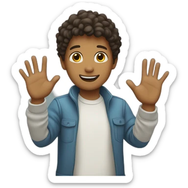 a boy waving hands to say hi sticker