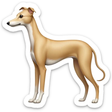 cinematic-[fawn greyhound]-realistic-full-body-standing-emoji,-tail-resting-loosely-beside-its-paws,-head-tilted-dramatically, -sleek-[light fawn]-fur,-simplified-yet-realistic-focused-features,-highly-detailed,-glowing-with-an-almost-sarcastic-glow sticker