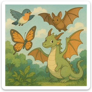 a whimsical collection of animals with wings including a bird, bat, butterfly, and dragon in ghibli style sticker