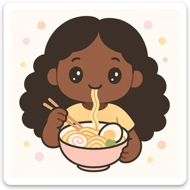 dark skin African American girl with long curly black hair, wearing a yellow shirt, eating a bowl of ramen, kawaii style sticker