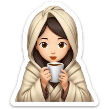 Asian girl wrapped in cozy blanket drinking coffee sticker