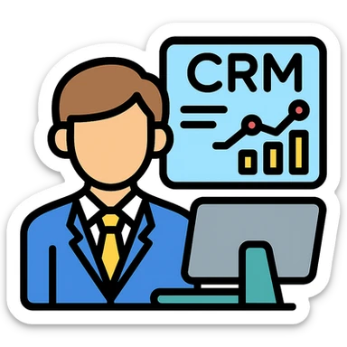 businessperson with brown hair at a computer, CRM graphs on screen sticker