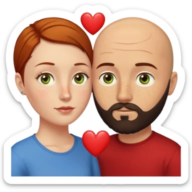 Couple. Bald man with dark brown-black beard. Woman with many small, faded, round freckles, white skin and she has auburn-yellow-brown dark hair. She has light yellow-brown-green eyes. He have hazel-blue eyes. They look at each other. Many small red hearts around them. sticker