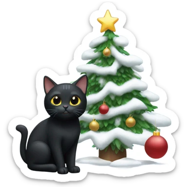 Black cat next to a white Christmas tree sticker